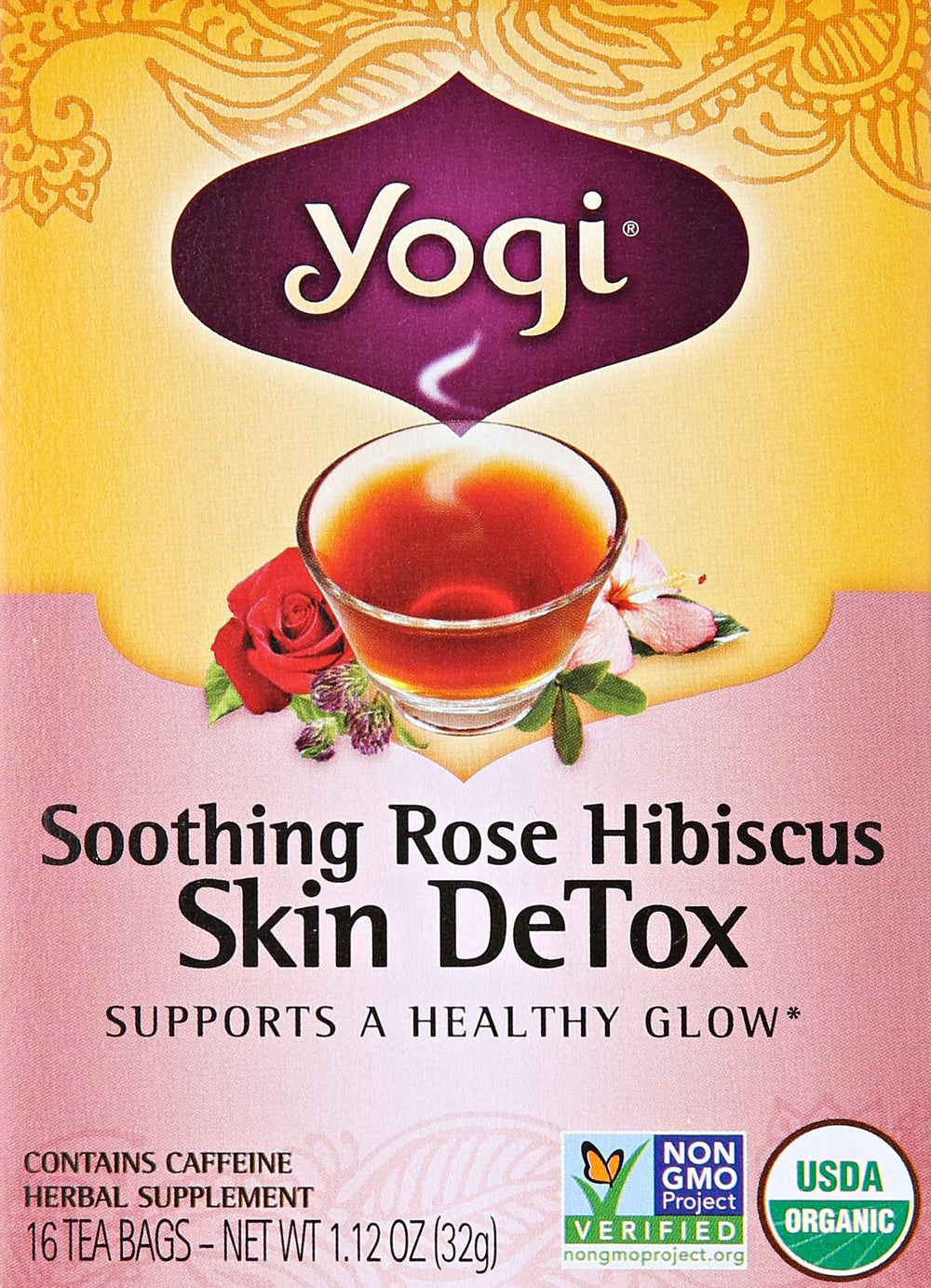 Yogi Skin DeTox Tea packaging close-up, organic ingredients highlighted.