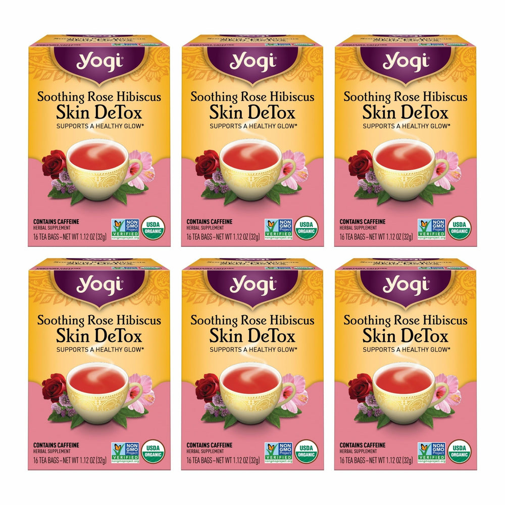 Yogi Soothing Rose Hibiscus Tea pack with six-pack box, convenient organic detox.