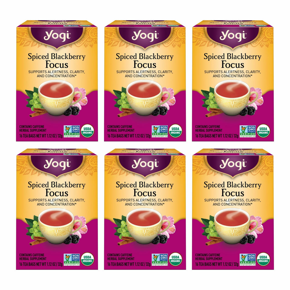 Yogi Spiced Blackberry Focus Tea pack—organic blend for focus.