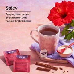 Yogi Tea ingredients highlight hibiscus and cinnamon for vibrant flavor.