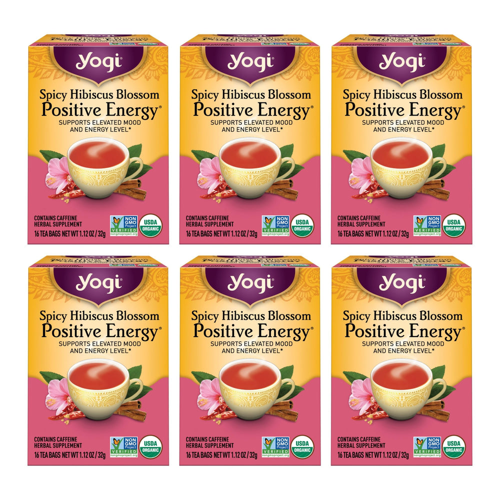Yogi Spicy Hibiscus Blossom tea bag fuels afternoon energy with bold spice.