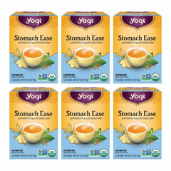 Yogi Stomach Ease packaging box for a convenient six-pack digestion tea.