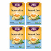 Yogi Stomach Ease tea box showing 16 bags per pack, ideal for digestive comfort.
