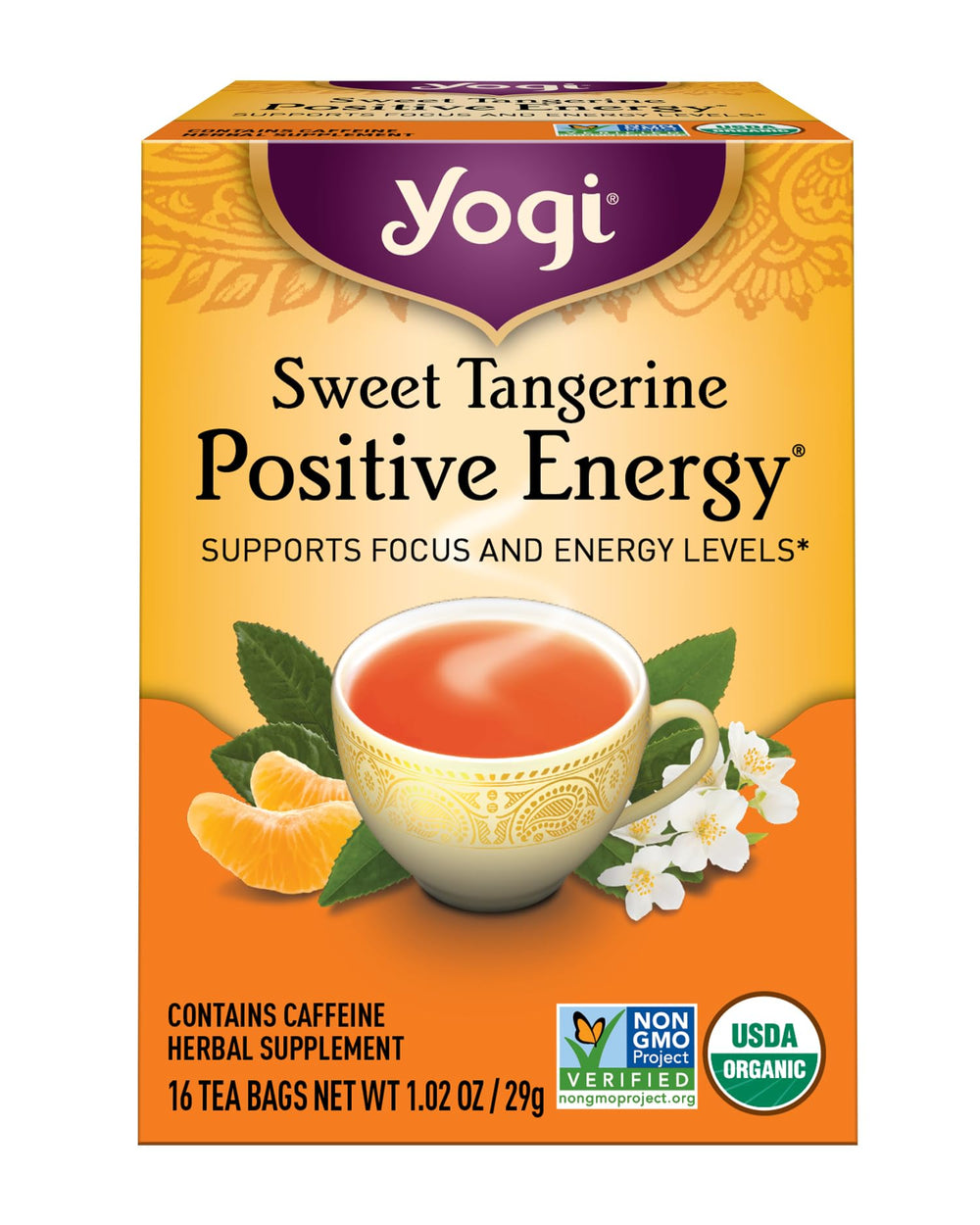 Yogi Sweet Tangerine Positive Energy tea bag ready to brew, citrus aroma.