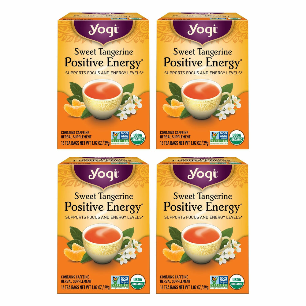 Packaging of Yogi Sweet Tangerine Positive Energy Tea with four-pack box for energy on the go.