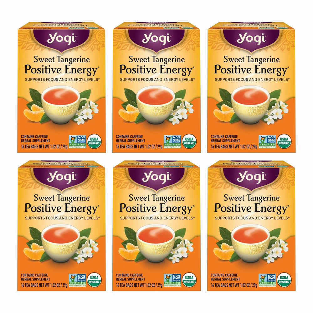 Yogi Sweet Tangerine Positive Energy Tea packaging highlights organic ingredients for a clean cup.