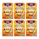 Yogi Sweet Tangerine Positive Energy Tea packaging highlights organic ingredients for a clean cup.
