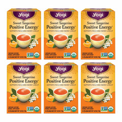Yogi Sweet Tangerine Positive Energy Tea packaging highlights organic ingredients for a clean cup.