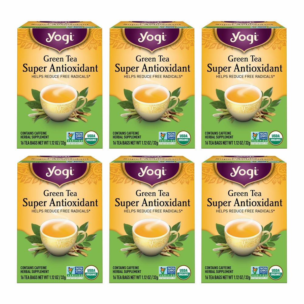 Yogi Tea Green Tea Super Antioxidant packaging with organic and non-GMO hints