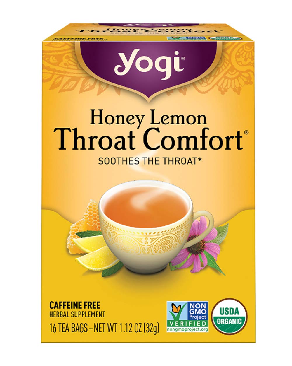 Yogi Honey Lemon Throat Comfort packaging highlights organic blend for soothing warmth.