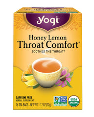 Yogi Honey Lemon Throat Comfort packaging highlights organic blend for soothing warmth.