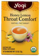 Yogi Tea Honey Lemon Throat Comfort packaging showcases soothing herbal blend
