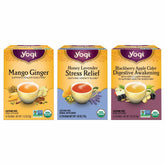 Yogi Tea Iced variety pack box shows three organic blends for hot or cold brewing.