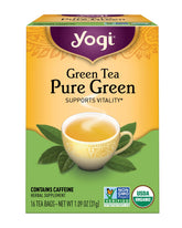 Yogi Tea Pure Green packaging showing premium organic leaves for freshness.