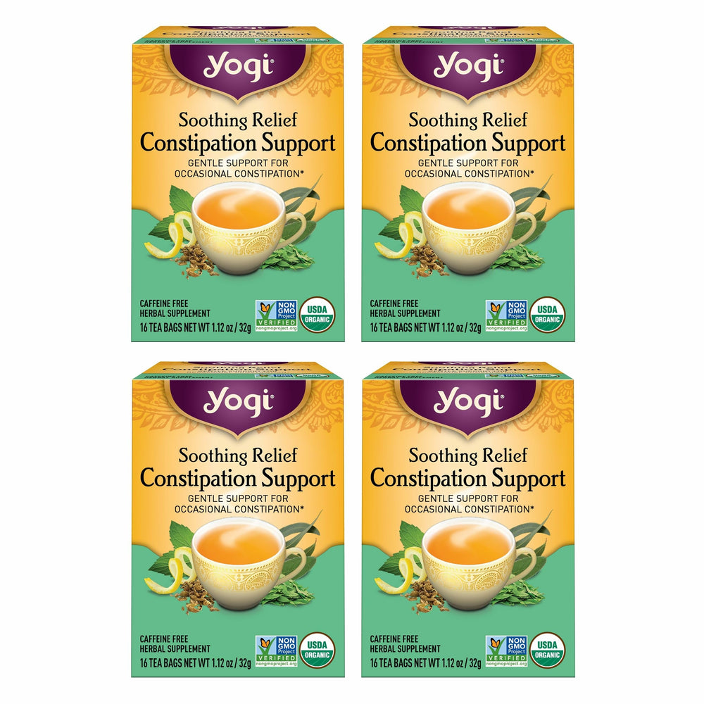 Yogi Soothing Relief Constipation tea with senna leaves for gentle overnight support.