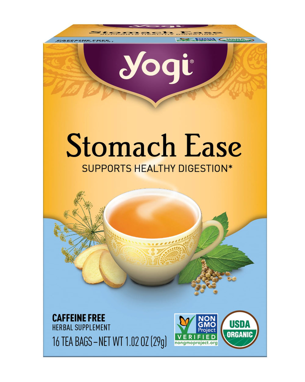 Yogi Tea Stomach Ease tea bag close-up for digestion-friendly comfort