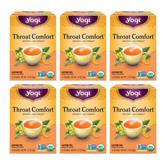 Yogi Throat Comfort tea bags in pack, ready for soothing cups.