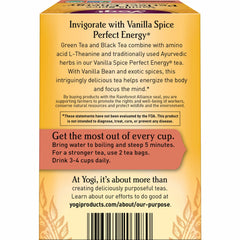Yogi Vanilla Spice Perfect Energy Tea ingredients highlight organic vegan NON-GMO blend