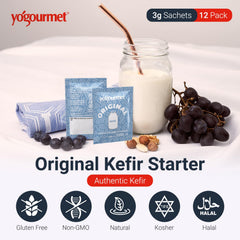 Yogourmet Kefir Starter 3 g sachets ready to mix with milk for kefir.