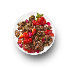 YOLEEZ TGB Chocolate Keto Granola bowl with crispy nuts and cacao.
