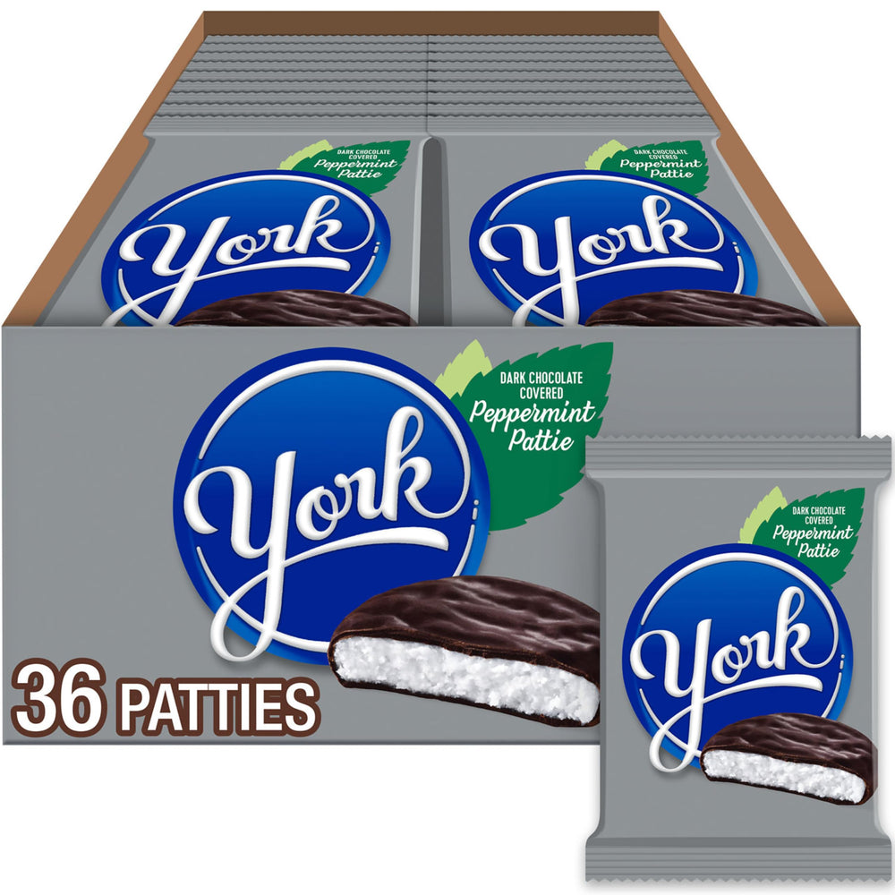 York dark chocolate peppermint patties bulk box ready for sharing at parties.