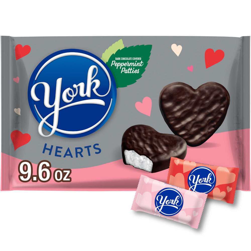 YORK dark chocolate peppermint patties hearts bag front, gift-ready for Valentine’s Day.