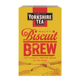 Yorkshire Tea Biscuit Brew tea bags in box, inviting cozy biscuit-flavor comfort.
