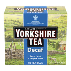 Yorkshire Tea decaf 80-teabags pack for a caffeine-free morning ritual.