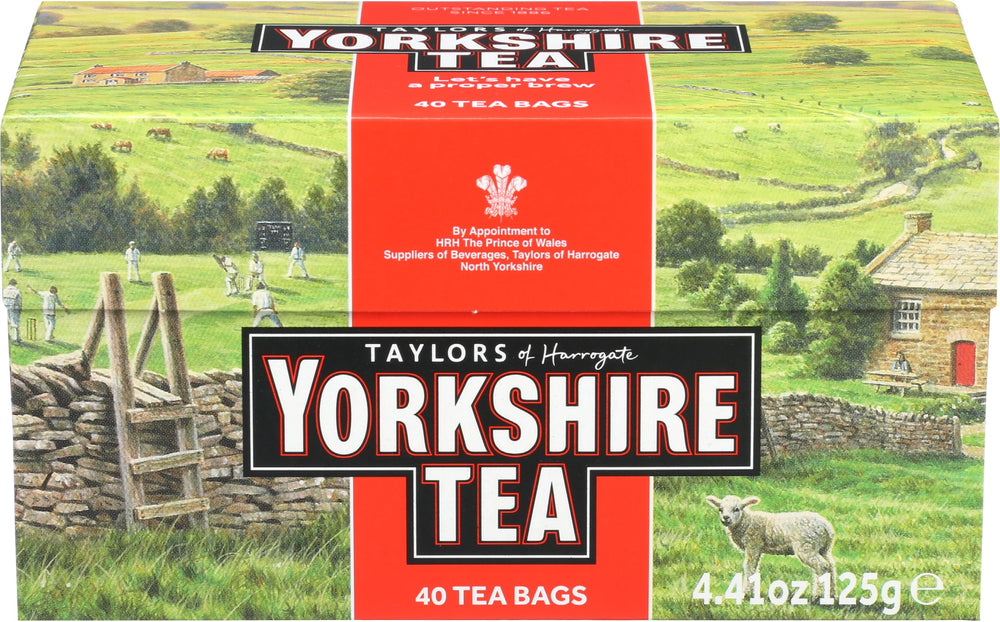 Yorkshire Tea tea bags in a box, ready for a reliable morning brew.