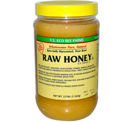 Y.S. Eco Bee Farms raw honey jar pouring for natural sweetness and energy