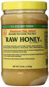 YS Eco Bee Farms RAW HONEY jar shows rich amber color and unfiltered freshness