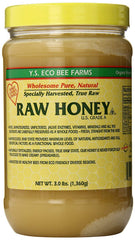 YS Eco Bee Farms RAW HONEY jar shows rich amber color and unfiltered freshness