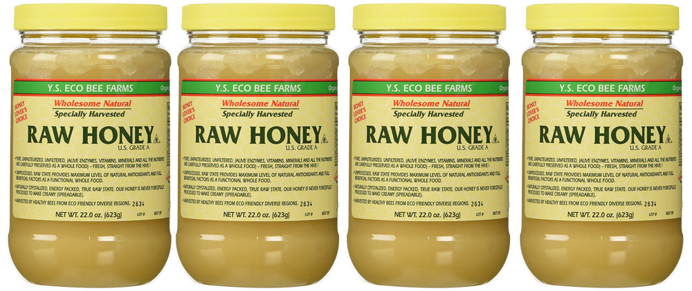YS Royal Jelly Honey Bee raw honey jar close-up showing rich amber color for everyday sweetness.