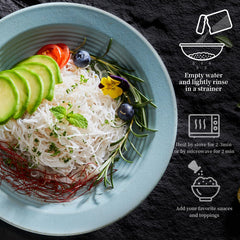 YUHO Low-carb noodles show quick 3-minute readiness after rinsing.
