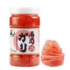 YUHO pickled sushi ginger jar with glossy slices, ideal with nigiri.