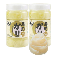 YUHO pickled sushi ginger slices with crisp, paper-thin texture for palate cleansing.