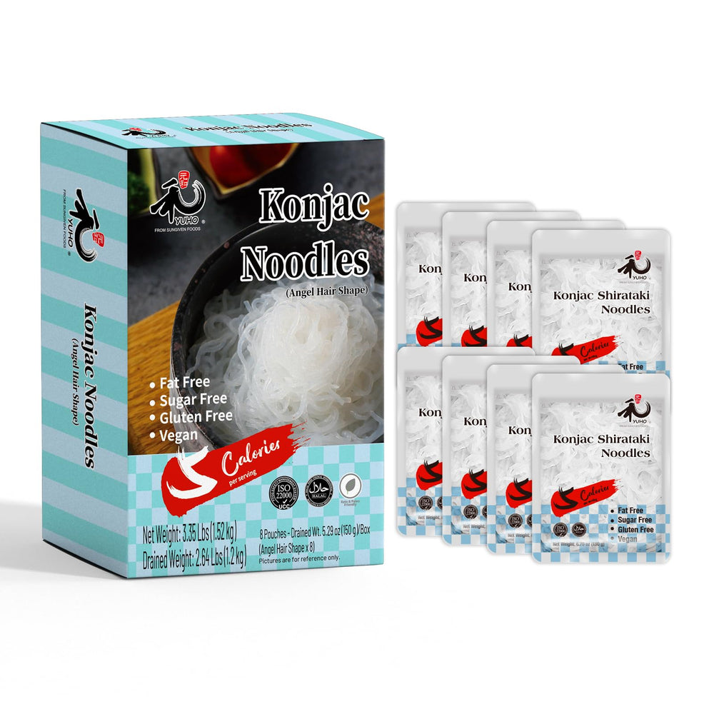 YUHO Shirataki angel hair pack shows a low-calorie, plant-based pasta substitute.