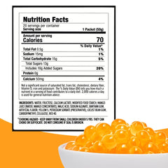 Close-up of YULU FOODS mango popping boba pearls showing juicy center
