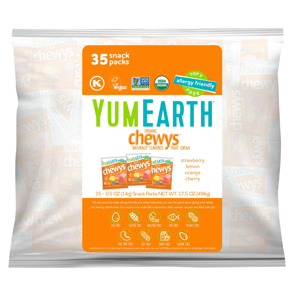 YumEarth Chewys fruit chews in assorted flavors, gluten-free and vegan.