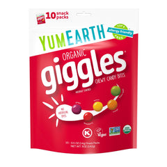 YumEarth Giggles package closeup, highlighting organic, allergen-free candy for on-the-go snacking.