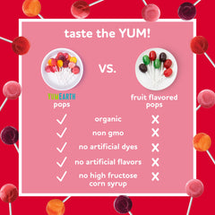 YumEarth lollipops close-up of fruit flavors: pomegranate, watermelon, cherry.