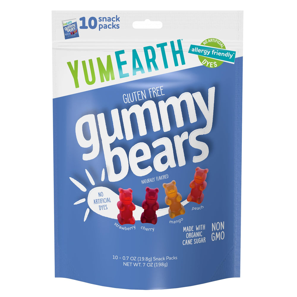 YumEarth gummy bears 10-pack display, ideal for lunchbox snacks