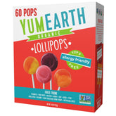 YumEarth Organic Pops variety box displaying 60 fruit-flavored lollipops, ideal for classroom treats.