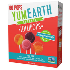 YumEarth Organic Pops variety box displaying 60 fruit-flavored lollipops, ideal for classroom treats.