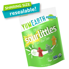 YumEarth Sour Littles organic certification badge, gluten-free and non-GMO snack option.