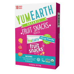 YumEarth tropical fruit snacks pack front showing colorful flavors for on the go