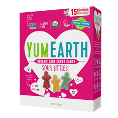 YumEarth Valentine Sour Littles packaging highlights allergy friendly candy for sharing.