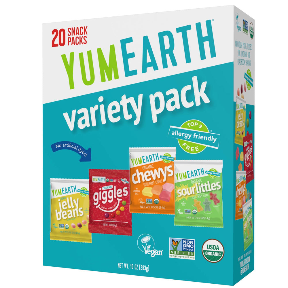 YumEarth Variety Box packaging, ideal for school lunches and on-the-go snacking.