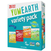 YumEarth Variety Box packaging, ideal for school lunches and on-the-go snacking.