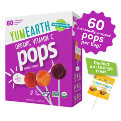 YumEarth Vitamin C Pops pomegranate flavor, allergen-friendly portable treat.